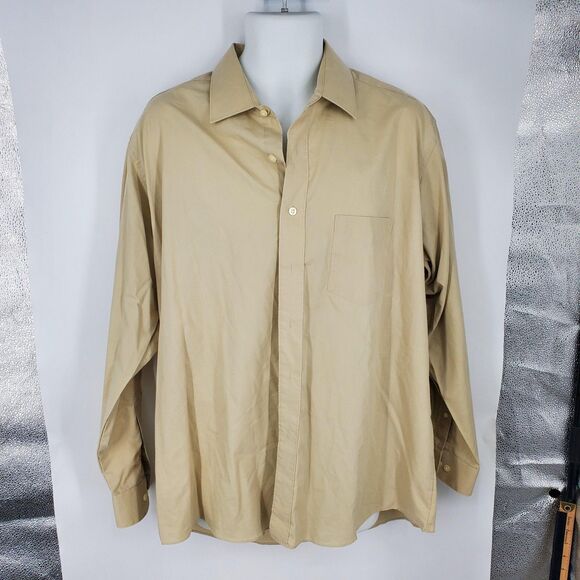 David Taylor Shirt Mens 17.5 34/35 Tan Dress Button Front Single Needle Pocket - Picture 1 of 9